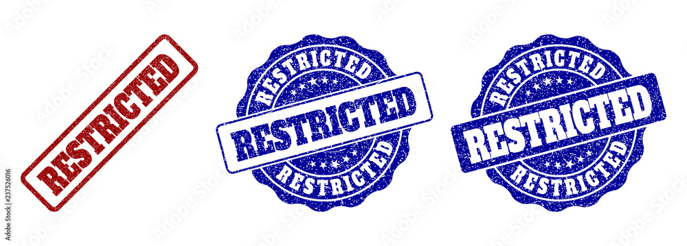 Poster restricted grunge stamp seals in red and blue colors. vector restricted imprints with distress style