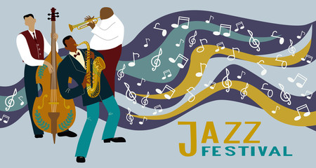 Jazz band on a decorative background with notes. Saxophonist, trombone player and cellist playing instruments.
