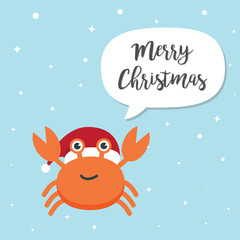 Crab cartoon character. A Cute crab wearing Santa Claus hat standing for Merry Christmas and Happy New Year invitation card.