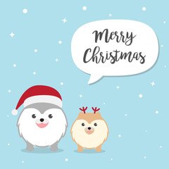 Fototapeta na wymiar Cute Fluffy Dogs Cartoon character wearing Santa Claus hat for Merry Christmas and Happy New Year invitation card.