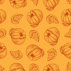 Vector seamless pattern with ink hand drawn citrus fruit, slices and leaves sketch. Mandarin orange, tangerine, lime on orange background. Detailed vegetarian food  illustration