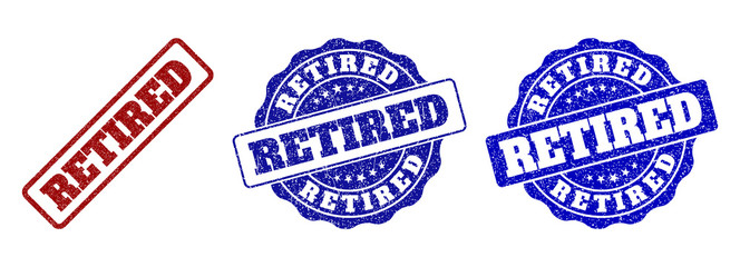 RETIRED grunge stamp seals in red and blue colors. Vector RETIRED imprints with grunge texture. Graphic elements are rounded rectangles, rosettes, circles and text labels.