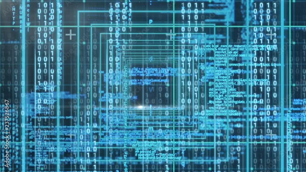 Poster conceptual digital animation showing binary technology code 4k