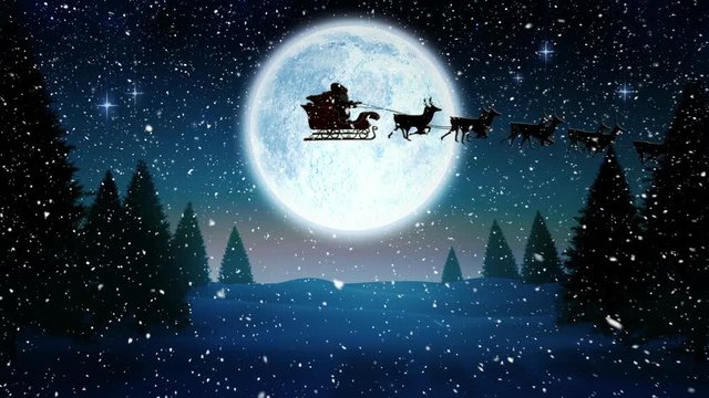 Video composition with falling snow over  animation of  santa in sleigh  at winter scenery with full