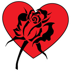 Rose on heart greeting card. Vector illustration of a black rose on a red heart for Valentine's Day.