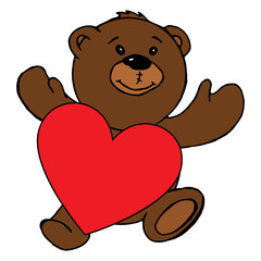Fototapeta na wymiar Teddy bear holding a heart. Vector illustration of a teddy bear with a red heart. Hand drawn teddy bear holding a red heart greeting card.