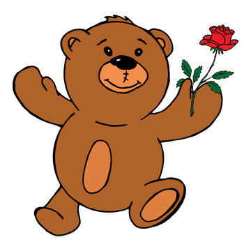 Teddy bear holding a rose. Vector illustration of a teddy bear with a red rose. Hand drawn teddy bear holding a red rose greeting card.