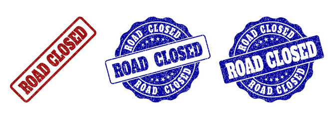 ROAD CLOSED grunge stamp seals in red and blue colors. Vector ROAD CLOSED labels with grunge texture. Graphic elements are rounded rectangles, rosettes, circles and text titles.