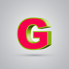 Watermelon 3D vector letter G uppercase. Red font with green border isolated on white background