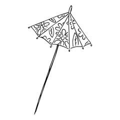 Cocktail umbrella icon. Vector illustration of a decorative umbrella for cocktails. Hand drawn cocktail umbrella.
