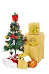 christmas gifts and decorations on white background