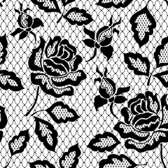 Zwart naadloos kantpatroon met roos op transparante achtergrond