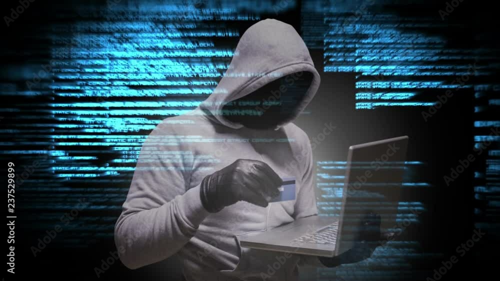 Aufkleber digital animation of hooded hacker using the laptop 4k