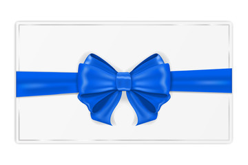 Greeting card wrapped with blue ribbon. With silk bow