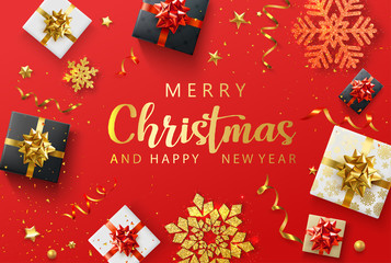 Red Merry Christmas and Happy New Year card with top view gifts, snowflakes and confetti.