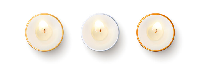 Set of top view burning candles isolated on white background. - obrazy, fototapety, plakaty