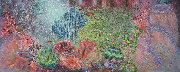 Oil painting of underwater world with corals and sponges. Abstract colorful background