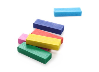 Wooden colorful building blocks for children, tower games isolated on white background