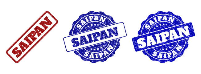 SAIPAN grunge stamp seals in red and blue colors. Vector SAIPAN signs with grunge style. Graphic elements are rounded rectangles, rosettes, circles and text tags. Designed for rubber stamp imitations.