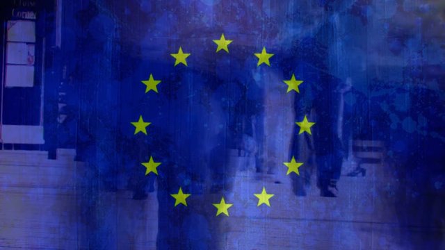 European flag with people walking in the street