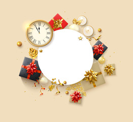 Christmas and New Year card with white round frame, clock and colorful top view gifts.