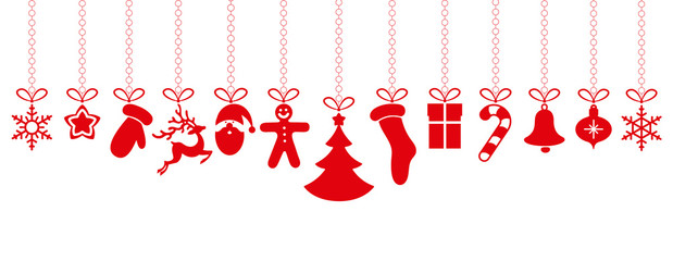 Christmas and New Year banner with red Christmas tree and holiday decorations.