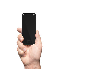 Smartphone with thin screen frames in the male hand. Absolutely white background