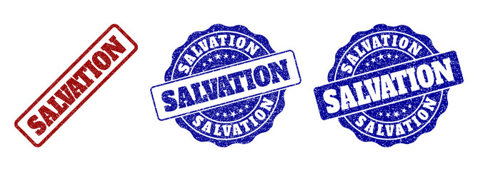 SALVATION grunge stamp seals in red and blue colors. Vector SALVATION signs with grunge style. Graphic elements are rounded rectangles, rosettes, circles and text captions.