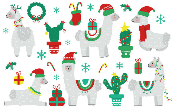 Cute Christmas Llama Alpaca With Santa Claus Hat And Holiday Decorations. Christmas Tree Cactus And Gifts. Design For Nursery. Flat Style Vector Illustration.