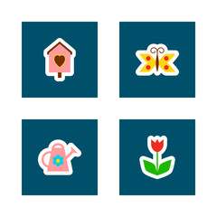 Cards with garden icons. Birdhouse, flower, butterfly, watering can in flat style. Vector illustration.