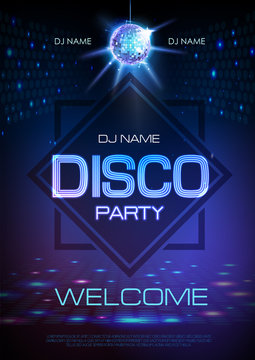 Disco ball background. Neon sign Disco party poster.