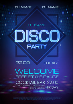 Disco ball background. Neon sign disco party poster.