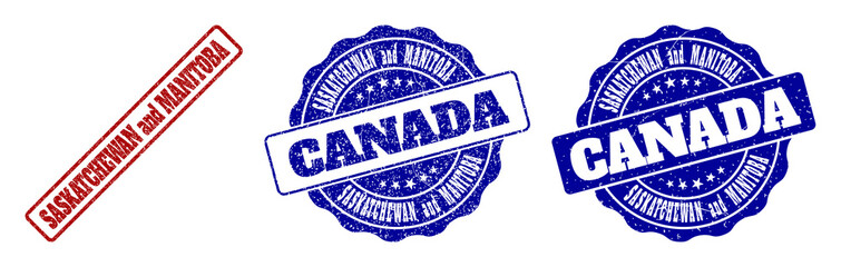 SASKATCHEWAN AND MANITOBA grunge stamp seals in red and blue colors. Vector SASKATCHEWAN AND MANITOBA signs with dirty texture. Graphic elements are rounded rectangles, rosettes,