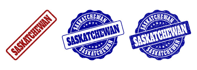 SASKATCHEWAN grunge stamp seals in red and blue colors. Vector SASKATCHEWAN signs with grunge surface. Graphic elements are rounded rectangles, rosettes, circles and text tags.