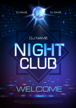 Disco ball background. Neon sign night club poster.