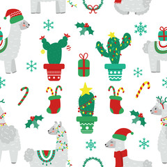 Seamless Christmas pattern with llama alpaca, sock, snowflakes, wreath. Flat cartoon style. Vector illustration.