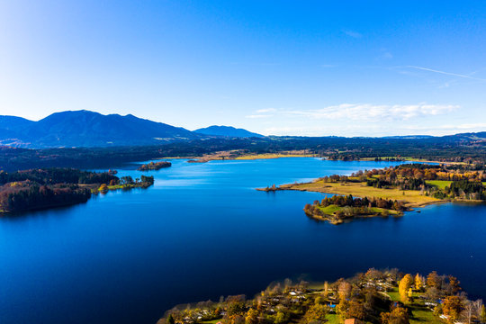 Aerial view, Staffelsee with islands, Garmisch Partenkirchen region, Ostallg&auml;u, Bavaria, Germany