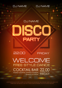 Disco ball background. Neon sign disco party poster.