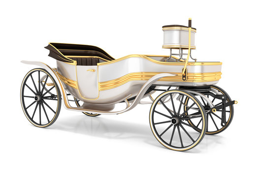 Open horse carriage, white with gold trim. 3d illustration isolated on white
