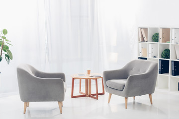 interior of light modern business office with two armchairs, shelves, plants and small wooden table...