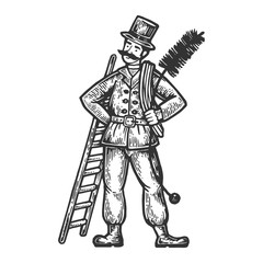 Obraz premium Chimney sweep man engraving vector illustration. Scratch board style imitation. Black and white hand drawn image.