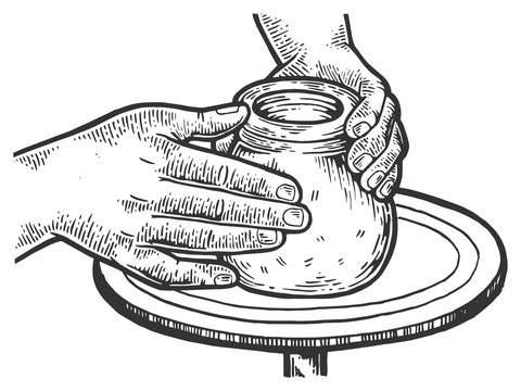 Potter makes pot of clay on potter's wheel engraving vector illustration. Scratch board style imitation. Black and white hand drawn image.