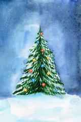 Watercolor Christmas tree with toys in the night forest. Illustration for New year greeting card