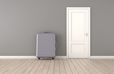 3D interior illustration grey wall with valise and white door