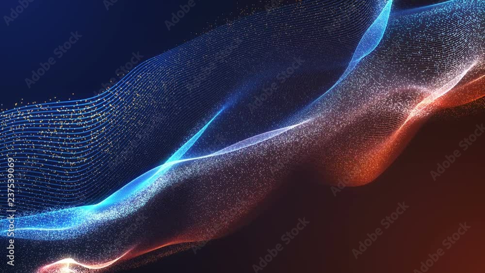 Poster 4k 60 fps. abstract loopable wavy blue and red background. flow of glowing neon particles. cg animat