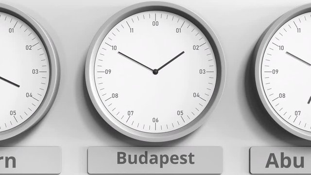Round clock showing Budapest, Hungary time within world time zones. 3D animation
