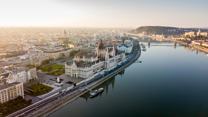 Panorama of the Danube Parliament Budapest airborne copter