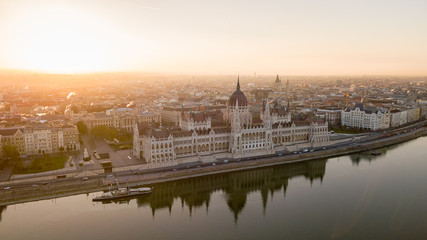 Fototapeta premium Panorama of the Danube Parliament Budapest airborne copter