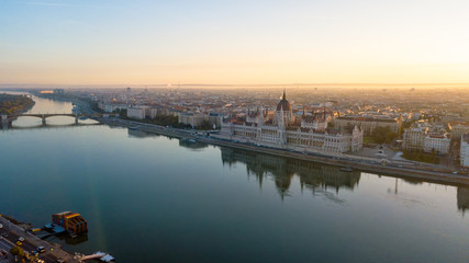 Fototapeta premium Panorama of the Danube Parliament Budapest airborne copter