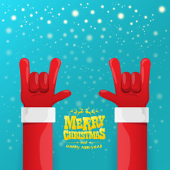 vector cartoon rock n roll Santa Claus character with gold calligraphic greeting text on azure background with snowflakes. Violet Merry Christmas Rock n roll party poster design or greeting card.